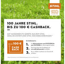 STIHL Aktion 100 Jahre: Bis zu 100 Euro Cashback auf ausgewählte AK Akku-Geräte und Hochdruckreiniger vom 1. März bis 31. Juli 2026.