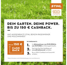 STIHL Logo und Siegel zum 100-jährigen Jubiläum. Cashback-Aktion bis zu 150 Euro auf ausgewählte Benzin-Rasenmäher und Mulchmäher.
