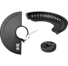 Zubehör-Set für Winkelschleifer mit Schutzhaube, Bürstenkranz-Aufsatz und Schnellspannmutter.