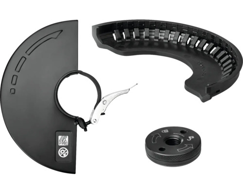 Zubehör-Set für Winkelschleifer mit Schutzhaube, Bürstenkranz-Aufsatz und Schnellspannmutter.