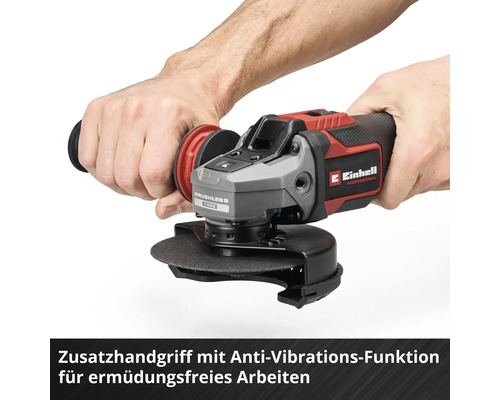 Einhell Winkelschleifer mit Zusatzhandgriff und Anti-Vibrations-Funktion für ermüdungsfreies Arbeiten.