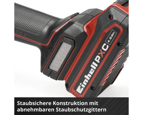 Einhell Power X-Change Gerät mit abnehmbarem Staubschutzgitter für eine staubsichere Konstruktion.