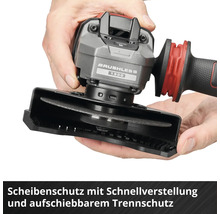 Winkelschleifer mit bürstenlosem Motor, Scheibenschutz mit Schnellverstellung und aufschiebbarem Trennschutz.