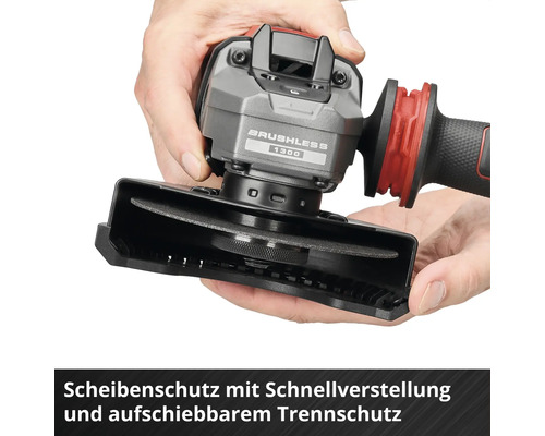 Winkelschleifer mit bürstenlosem Motor, Scheibenschutz mit Schnellverstellung und aufschiebbarem Trennschutz.