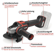 Einhell Akku-Winkelschleifer mit Scheibenschutz, maximal 1300 Watt, Schnitttiefe 33 Millimeter bei 125 Millimeter Scheiben und Staubschutzgitter.