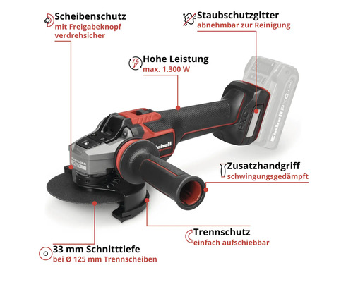 Einhell Akku-Winkelschleifer mit Scheibenschutz, maximal 1300 Watt, Schnitttiefe 33 Millimeter bei 125 Millimeter Scheiben und Staubschutzgitter.