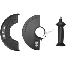 Zubehörset für Winkelschleifer bestehend aus Schutzhaube, Trennschutzhaube und ergonomischem Zusatzhandgriff.