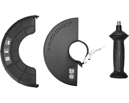 Zubehörset für Winkelschleifer bestehend aus Schutzhaube, Trennschutzhaube und ergonomischem Zusatzhandgriff.