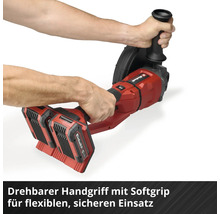 Einhell Akku-Winkelschleifer mit drehbarem Handgriff und Softgrip wird von zwei Händen gehalten.