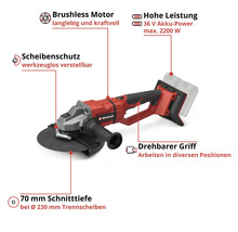 Einhell Akku-Winkelschleifer, bürstenloser Motor, 36 Volt, 2200 Watt, werkzeugloser Scheibenschutz, drehbarer Griff, 70 Millimeter Schnitttiefe.