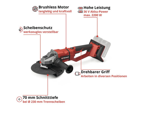 Einhell Akku-Winkelschleifer, bürstenloser Motor, 36 Volt, 2200 Watt, werkzeugloser Scheibenschutz, drehbarer Griff, 70 Millimeter Schnitttiefe.