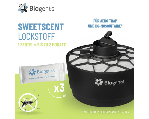 Biogents Sweetscent Lockstoff für Mückenfallen Aero Trap und BG-Mosquitaire, Set mit drei Beuteln für bis zu sechs Monate Wirkung, Biogents Logo.