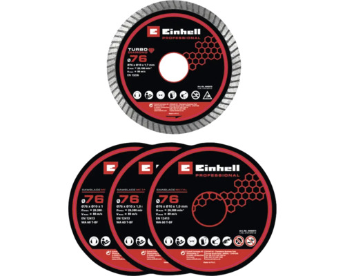 Einhell Professional Set mit einer Diamant Trennscheibe Turbo 76 Millimeter und drei Metall Trennscheiben 76 Millimeter.
