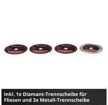 Einhell Trennscheiben-Set mit drei Metall-Trennscheiben und einer Diamant-Trennscheibe für Fliesen.