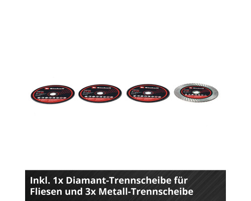 Einhell Trennscheiben-Set mit drei Metall-Trennscheiben und einer Diamant-Trennscheibe für Fliesen.