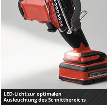 Einhell Akku-Werkzeug mit integriertem LED-Licht zur Ausleuchtung des Schnittbereichs über dem 18 Volt Akku.