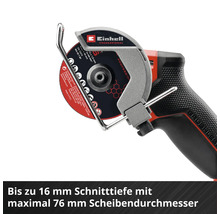 Einhell Akku-Trennschleifer Professional mit 76 Millimeter Scheibendurchmesser und einer Schnitttiefe von bis zu 16 Millimeter.