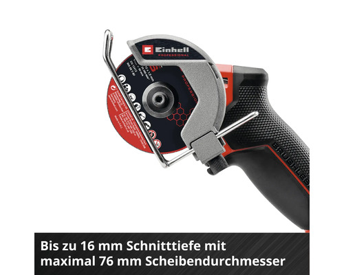 Einhell Akku-Trennschleifer Professional mit 76 Millimeter Scheibendurchmesser und einer Schnitttiefe von bis zu 16 Millimeter.