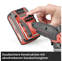 Einhell Power X-Change Akku 18 Volt 4 Amperestunden an einem Werkzeug mit abnehmbarem Staubschutzgitter.