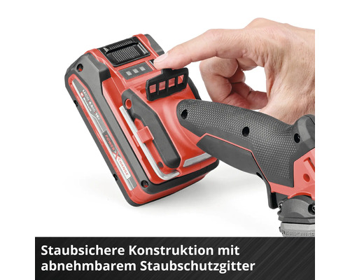 Einhell Power X-Change Akku 18 Volt 4 Amperestunden an einem Werkzeug mit abnehmbarem Staubschutzgitter.