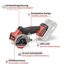 Einhell Akku-Trennschleifer mit Drehzahlregulierung, kompaktem Design, LED-Licht, 16 Millimeter Schnitttiefe und verstellbarem Scheibenschutz.
