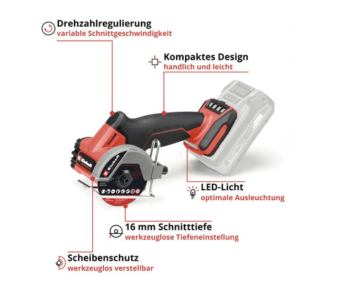 Einhell Akku-Trennschleifer mit Drehzahlregulierung, kompaktem Design, LED-Licht, 16 Millimeter Schnitttiefe und verstellbarem Scheibenschutz.