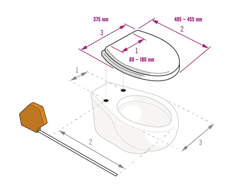 Maßzeichnung für Toilettensitz und Becken mit Breite 375 Millimeter, Länge 405 bis 455 Millimeter und Scharnierabstand 80 bis 180 Millimeter.