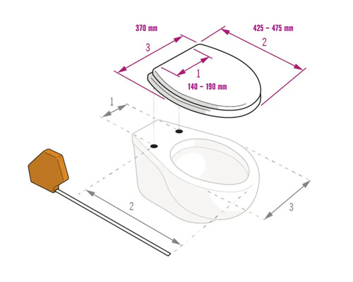 Maße für Toilettensitz und Becken: Breite 370 Millimeter, Länge 425 bis 475 Millimeter, Lochabstand 140 bis 190 Millimeter.