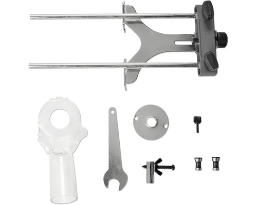 Zubehörset für Oberfräsen mit Parallelanschlag, Absaugstutzen, Maulschlüssel und Montageteilen aus Metall und Kunststoff.