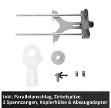 Parallelanschlag, Zirkelspitze, zwei Spannzangen, Kopierhülse und Absaugadapter für Oberfräse.