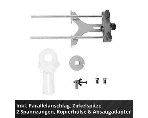 Parallelanschlag, Zirkelspitze, zwei Spannzangen, Kopierhülse und Absaugadapter für Oberfräse.
