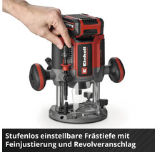 Einhell Akku-Oberfräse mit stufenloser Frästiefeneinstellung, Feinjustierung und Revolveranschlag.