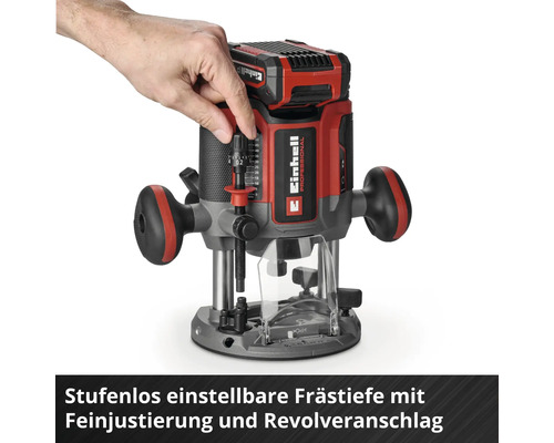 Einhell Akku-Oberfräse mit stufenloser Frästiefeneinstellung, Feinjustierung und Revolveranschlag.