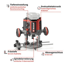 Einhell Oberfräse mit Tiefeneinstellung, Drehzahlelektronik, 55 Millimeter Frästiefe, Spindelarretierung und 36 Millimeter Absauganschluss.