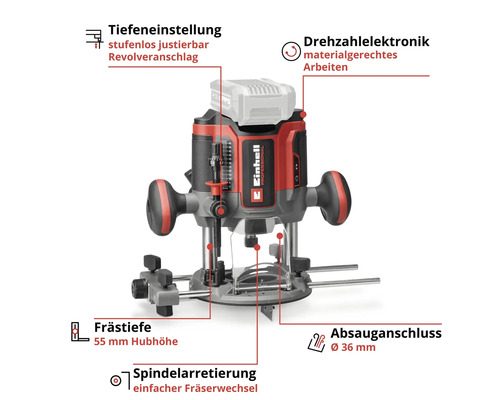 Einhell Oberfräse mit Tiefeneinstellung, Drehzahlelektronik, 55 Millimeter Frästiefe, Spindelarretierung und 36 Millimeter Absauganschluss.