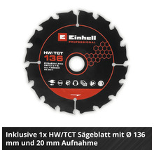 Einhell Professional Logo, HW/TCT Kreissägeblatt mit Durchmesser 136 Millimeter und Bohrung 20 Millimeter für Holz.