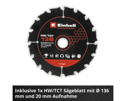 Einhell Professional Logo, HW/TCT Kreissägeblatt mit Durchmesser 136 Millimeter und Bohrung 20 Millimeter für Holz.