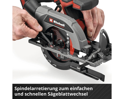Einhell Handkreissäge mit Spindelarretierung für einfachen Sägeblattwechsel mit einem Innensechskantschlüssel.