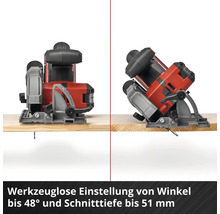 Handkreissäge mit werkzeugloser Einstellung von Winkel bis 48 Grad und Schnitttiefe bis 51 Millimeter.