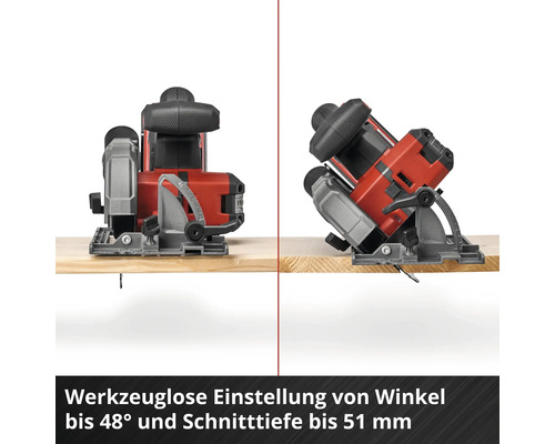 Handkreissäge mit werkzeugloser Einstellung von Winkel bis 48 Grad und Schnitttiefe bis 51 Millimeter.