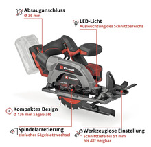 Einhell Akku-Handkreissäge mit Absauganschluss 36 Millimeter, Beleuchtung, 136 Millimeter Sägeblatt, Spindelarretierung und werkzeugloser Einstellung.