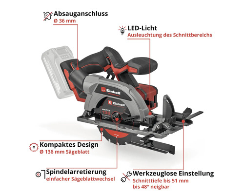 Einhell Akku-Handkreissäge mit Absauganschluss 36 Millimeter, Beleuchtung, 136 Millimeter Sägeblatt, Spindelarretierung und werkzeugloser Einstellung.