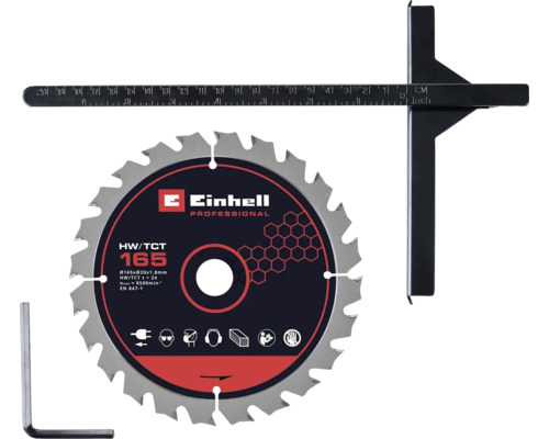Einhell Kreissägeblatt Professional mit 165 Millimeter Durchmesser, Parallelanschlag und Sechskantschlüssel.