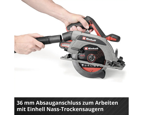 Einhell Handkreissäge mit 36 Millimeter Absauganschluss für Nass-Trockensauger.
