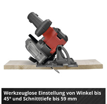 Handkreissäge mit werkzeugloser Einstellung von Winkel bis 45 Grad und Schnitttiefe bis 59 Millimeter auf einem Holzbrett.