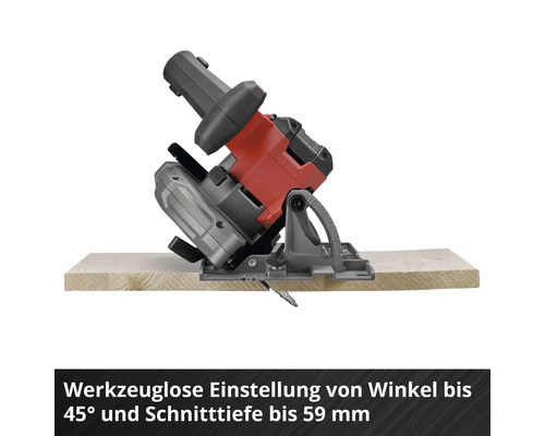 Handkreissäge mit werkzeugloser Einstellung von Winkel bis 45 Grad und Schnitttiefe bis 59 Millimeter auf einem Holzbrett.