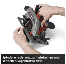 Einhell Handkreissäge mit Spindelarretierung für den schnellen Sägeblattwechsel, Hände bedienen das Gerät.