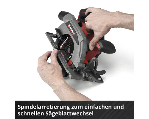 Einhell Handkreissäge mit Spindelarretierung für den schnellen Sägeblattwechsel, Hände bedienen das Gerät.