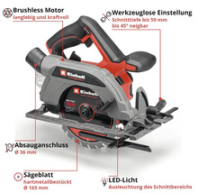 Einhell Akku-Handkreissäge mit bürstenlosem Motor, LED-Licht, 165 Millimeter Hartmetall-Sägeblatt und werkzeugloser Einstellung.