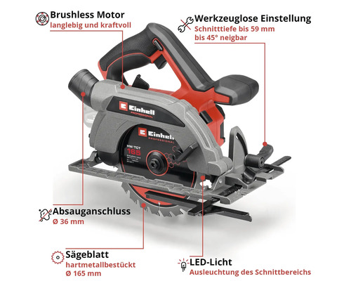 Einhell Akku-Handkreissäge mit bürstenlosem Motor, LED-Licht, 165 Millimeter Hartmetall-Sägeblatt und werkzeugloser Einstellung.